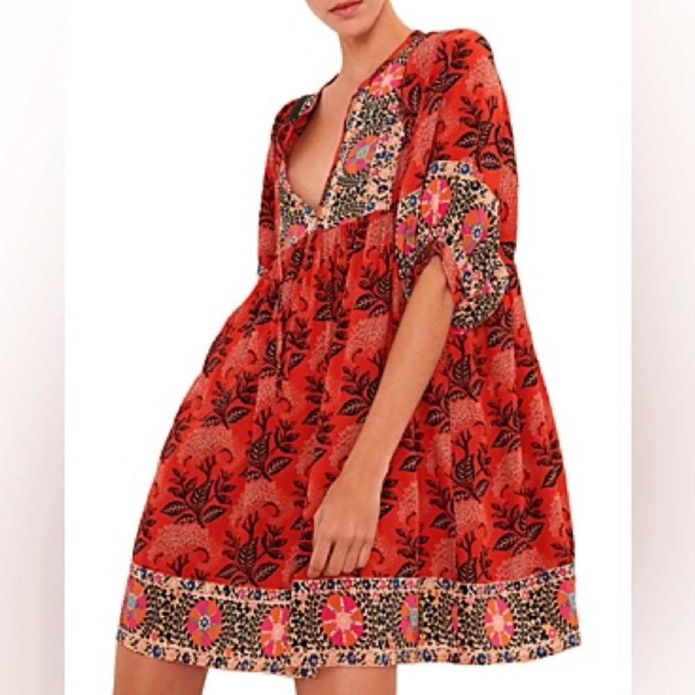 BA&SH Gaia Printed Tunic Long Sleeve Mini Dress in Burnt Orange Size 3 or US L